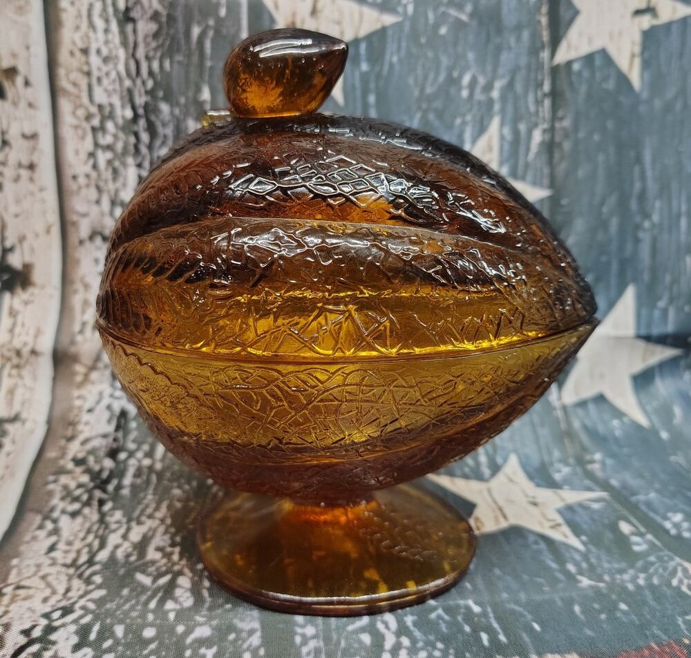 Vintage L.E. Smith Amber Melon / Acorn Bowl Candy Dish